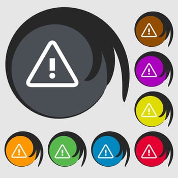 Attention caution sign icon. Exclamation mark. Hazard warning symbol. Symbols on eight colored buttons. illustration
