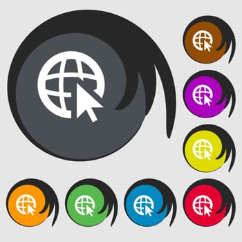 Internet sign icon. World wide web symbol. Cursor pointer. Symbols on eight colored buttons. illustration