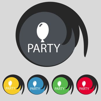 Party sign icon. Birthday air balloon with rope or ribbon symbol. Set of colored buttons. illustration