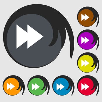 multimedia sign icon. Player navigation symbol. Symbols on eight colored buttons. illustration