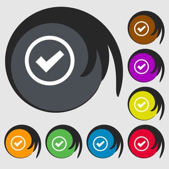 Check mark sign icon . Confirm approved symbol. Symbols on eight colored buttons. illustration