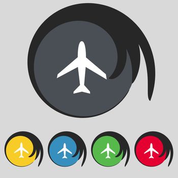 Airplane sign. Plane symbol. Travel icon. Flight flat label Set colourful buttons illustration