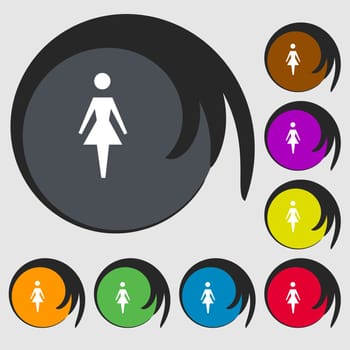 Female sign icon. Woman human symbol. Women toilet. Symbols on eight colored buttons. illustration