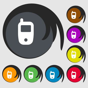 Mobile telecommunications technology symbol. Symbols on eight colored buttons. illustration