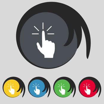 Click here hand icon sign. Symbol on five colored buttons. illustration