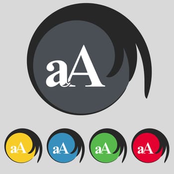 Enlarge font, aA icon sign. Symbol on five colored buttons. illustration