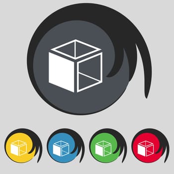 3d cube icon sign. Symbol on five colored buttons. illustration