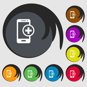 Mobile devices sign icon. with symbol plus. Symbols on eight colored buttons. illustration