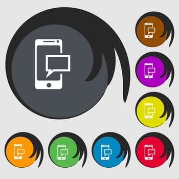 Mail icon. Envelope symbol. Message sms sign. Mail navigation button. Symbols on eight colored buttons. illustration