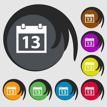 Calendar sign icon. days month symbol. Date button. Symbols on eight colored buttons. illustration