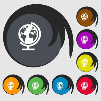 Globe sign icon. World map geography symbol. Globes on stand for studying. Symbols on eight colored buttons. illustration