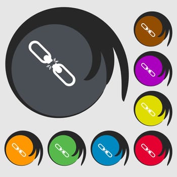 Broken connection flat single icon. Symbols on eight colored buttons. illustration