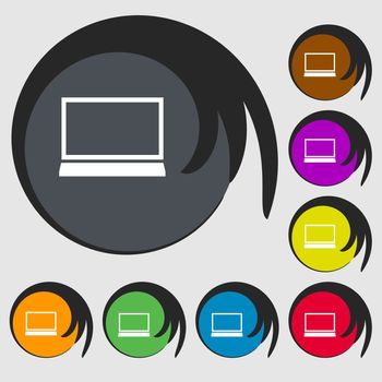 Laptop sign icon. Notebook pc symbol. Symbols on eight colored buttons. illustration