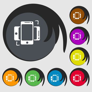 Synchronization sign icon. smartphones sync symbol. Data exchange. Symbols on eight colored buttons. illustration