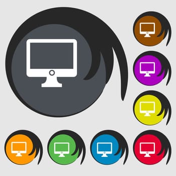 Computer widescreen monitor sign icon. Symbols on eight colored buttons. illustration