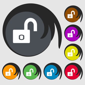 Lock sign icon. Locker symbol. Symbols on eight colored buttons. illustration