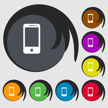 Smartphone sign icon. Support symbol. Call center. Symbols on eight colored buttons. illustration