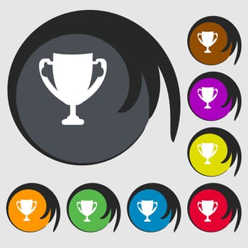 Winner cup sign icon. Awarding of winners symbol. Trophy. Symbols on eight colored buttons. illustration