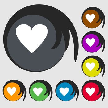 Heart sign icon. Love symbol. Symbols on eight colored buttons. illustration