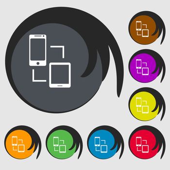 Synchronization sign icon. communicators sync symbol. Data exchange. Symbols on eight colored buttons. illustration