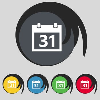 Calendar sign icon. 31 day month symbol. Date button. Set colourful buttons illustration