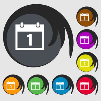 Calendar sign icon. 1 day month symbol. Date button. Symbols on eight colored buttons. illustration