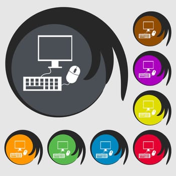 Computer widescreen monitor, keyboard, mouse sign icon. Symbols on eight colored buttons. illustration
