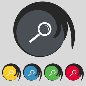 Magnifier glass sign icon. Zoom tool button. Navigation search symbol Set colourful buttons illustration