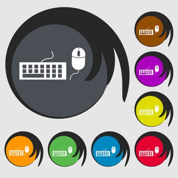 Computer keyboard and mouse Icon. Symbols on eight colored buttons. illustration