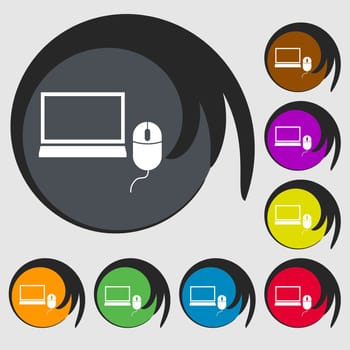 Computer widescreen monitor, mouse sign ico. Symbols on eight colored buttons. illustration