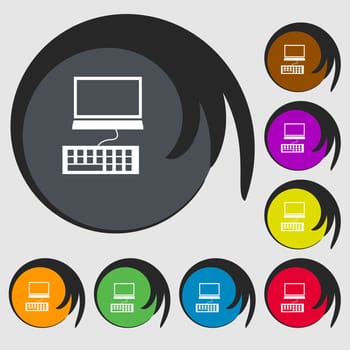 Computer monitor and keyboard Icon. Symbols on eight colored buttons. illustration