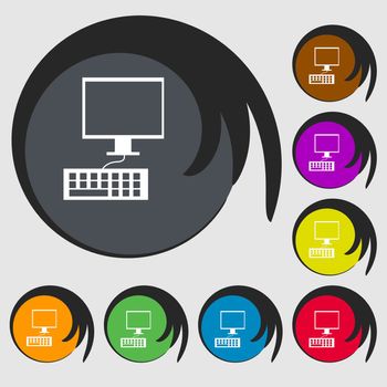 Computer monitor and keyboard Icon. Symbols on eight colored buttons. illustration