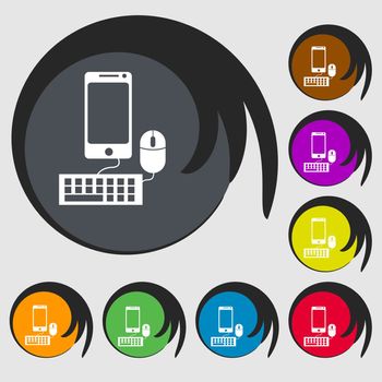 smartphone widescreen monitor, keyboard, mouse sign icon. Symbols on eight colored buttons. illustration