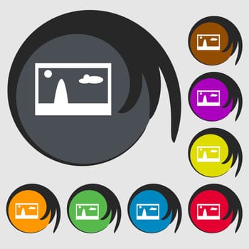 File JPG sign icon. Download image file symbol. Symbols on eight colored buttons. illustration