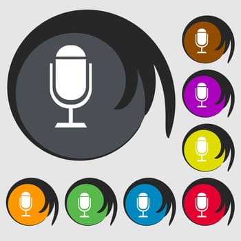 Microphone icon. Speaker symbol. Live music sign. Symbols on eight colored buttons. illustration