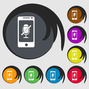 No Microphone sign icon. Speaker symbol. Symbols on eight colored buttons. illustration