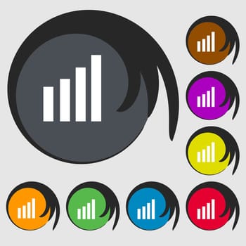 Mobile signal sign. Wi-fi symbol. Wireless Network icon. Wifi zone. Symbols on eight colored buttons. illustration