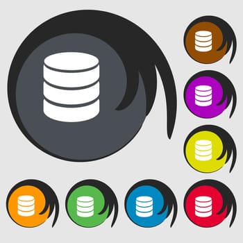 Hard disk and database sign icon. flash drive stick symbol. Symbols on eight colored buttons. illustration
