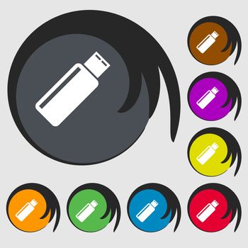 Usb sign icon. Usb flash drive stick symbol. Symbols on eight colored buttons. illustration