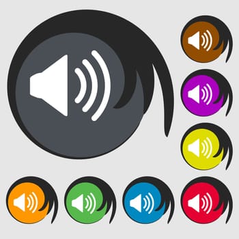 Speaker volume sign icon. Sound symbol. Symbols on eight colored buttons. illustration