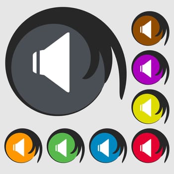 Speaker volume sign icon. Sound symbol. Symbols on eight colored buttons. illustration
