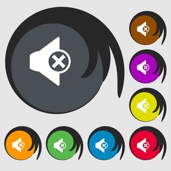 Mute speaker sign icon. Sound symbol.. Symbols on eight colored buttons. illustration