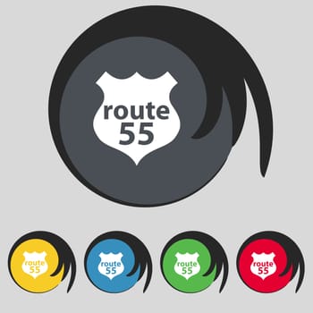 Route 55 highway icon sign. Symbol on five colored buttons. illustration