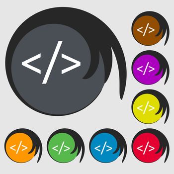 Code sign icon. Programming language symbol. Symbols on eight colored buttons. illustration
