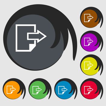 Export file icon. File document symbol. Symbols on eight colored buttons. illustration