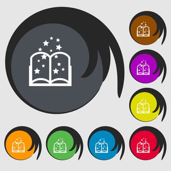 Magic Book sign icon. Open book symbol. Symbols on eight colored buttons. illustration