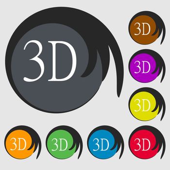 3D sign icon. 3D New technology symbol. Symbols on eight colored buttons. illustration