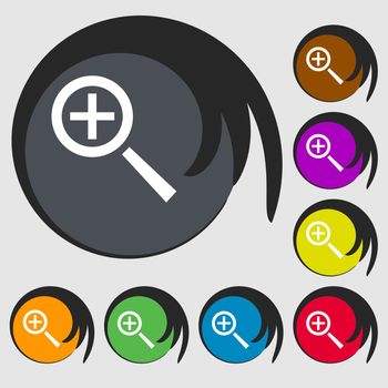 Magnifier glass, Zoom tool icon sign. Symbols on eight colored buttons. illustration