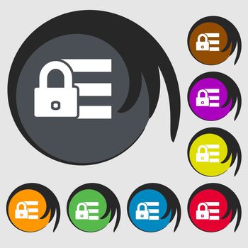 Lock, login icon sign. Symbols on eight colored buttons. illustration
