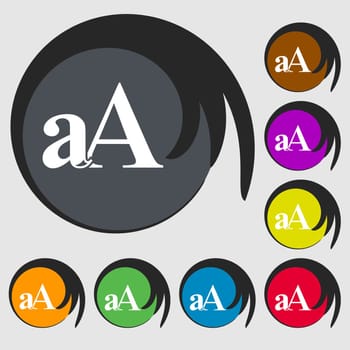Enlarge font, aA icon sign. Symbols on eight colored buttons. illustration